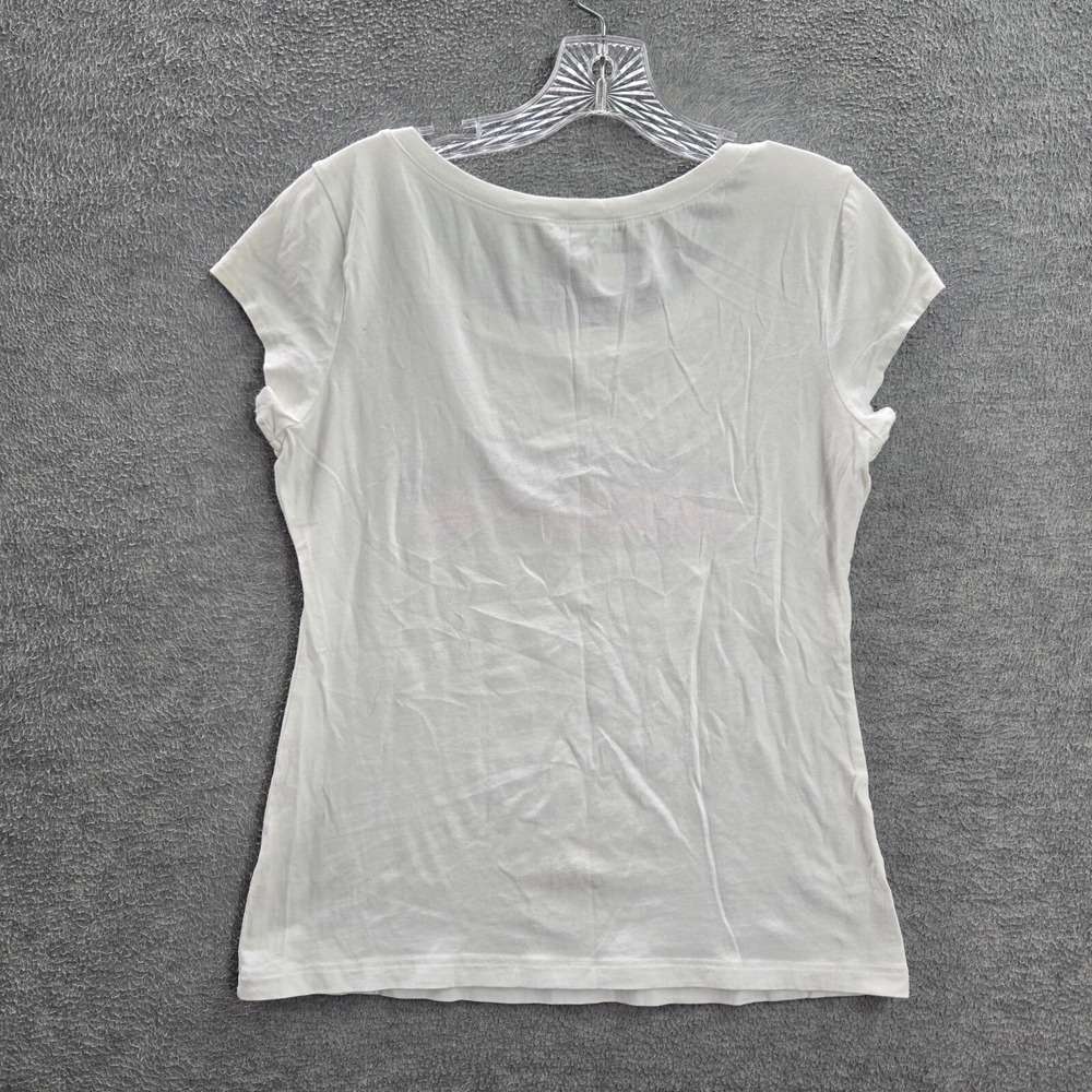 VINTAGE Bebe Women Top Large White Graphic Rhinestone‎ Hawaii Shirt - Picture 8 of 11